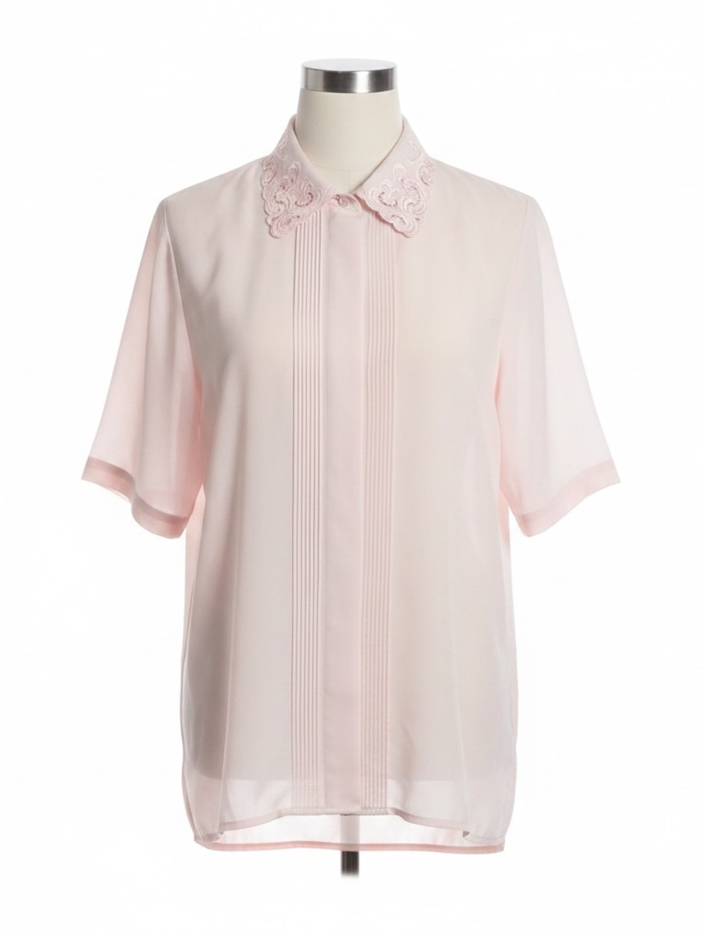 VTG Yves St. Clair Embroidered Lace-Collar Short Sleeve Button Down Blouse Pink